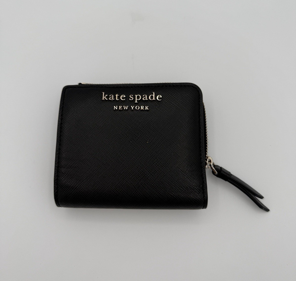 Kate Spade Small Black Saffiano Leather Wallet Snap Closure L-Zip Coin ID Slot